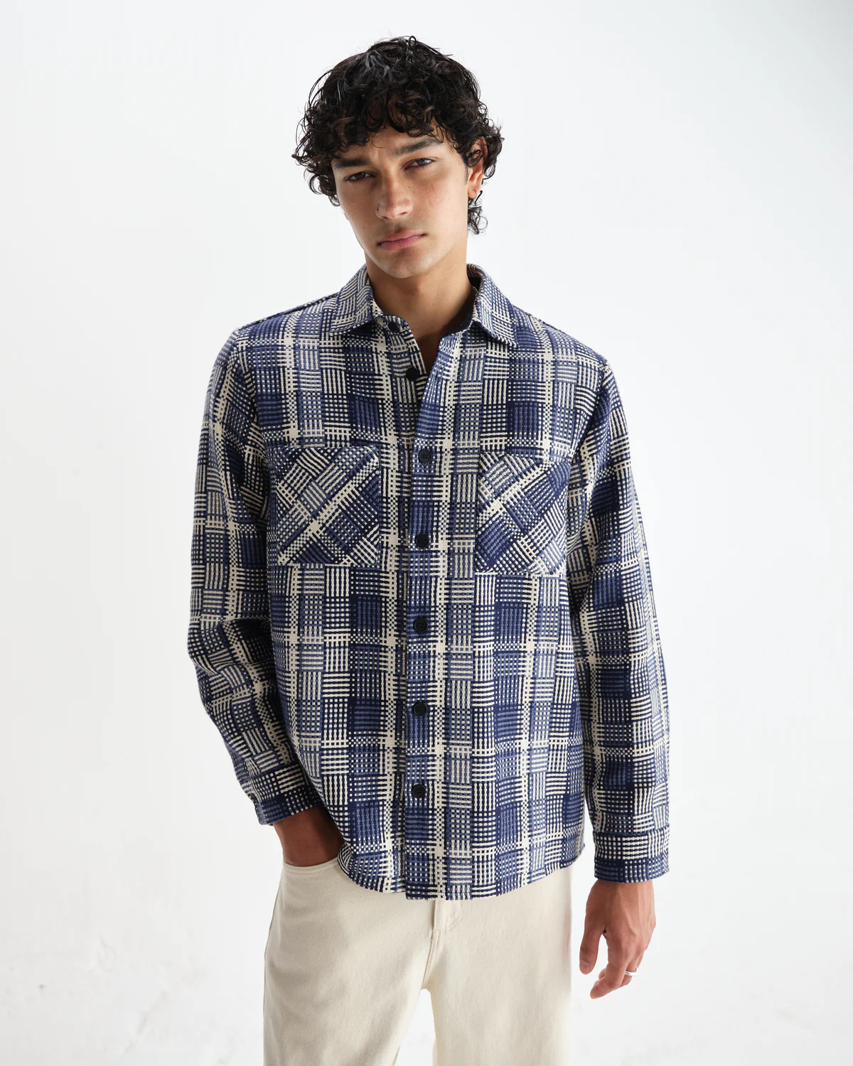 Whiting Overshirt Basket Weave Blue Ecru